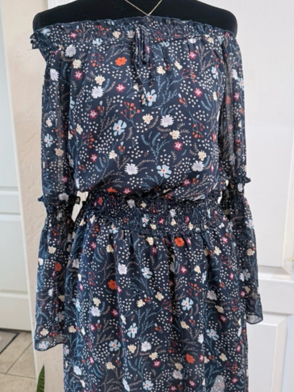 Off-Shoulder Floral Mini Dress in Navy Smoked Waist Lonv Sleeve Boho size 16